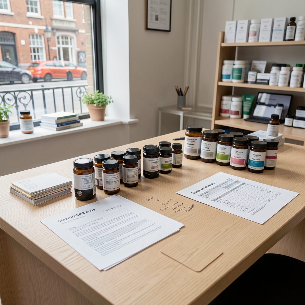 Flat-lay of opened supplement catalogues and ingredient sourcing documentation on a warm oak desk in a clean workspace