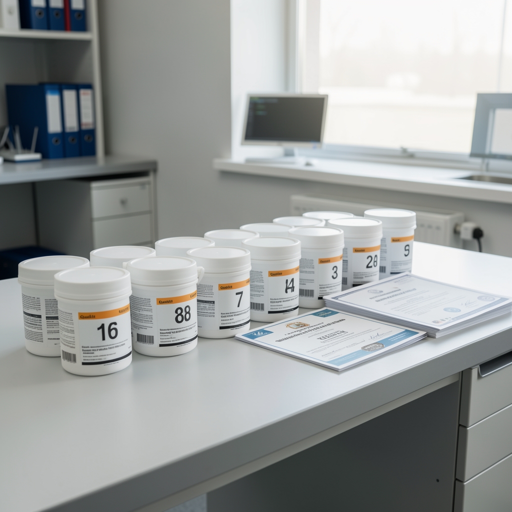 Quality-control bench with supplement batch containers numbered and aligned, certificates of composition stacked beside them in a clean workspace