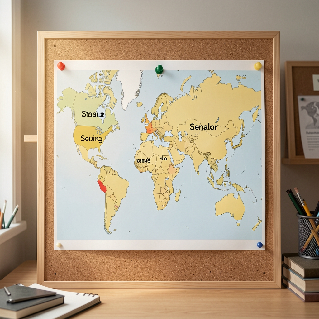 Ingredient origin map pinned to a corkboard in a workspace showing three highlighted sourcing regions for Senalor's active supplement ingredients