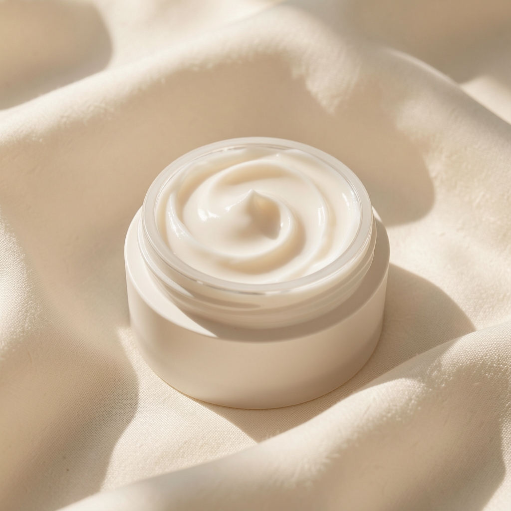 Anti-aging face cream jar open on a cream fabric background with soft morning light, showing product texture and consistency